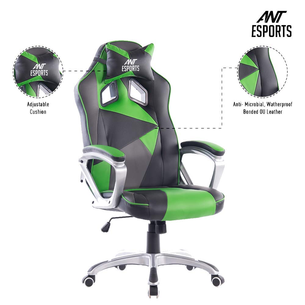 Ant Esports WB-8077 Green PU + PVC Black Metal Frame, 80mm Class 4 Gas Fit, 350mm Metal Base, Adjustable Backrest Angle 90-135 Degree Gaming Chair